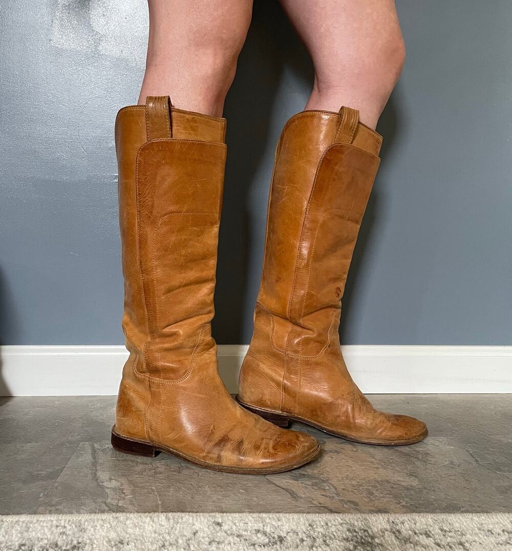 FRYE Paige Tall Riding Boots Cognac Size 8.5 Women's Equestrian Rodeo Brown Tan